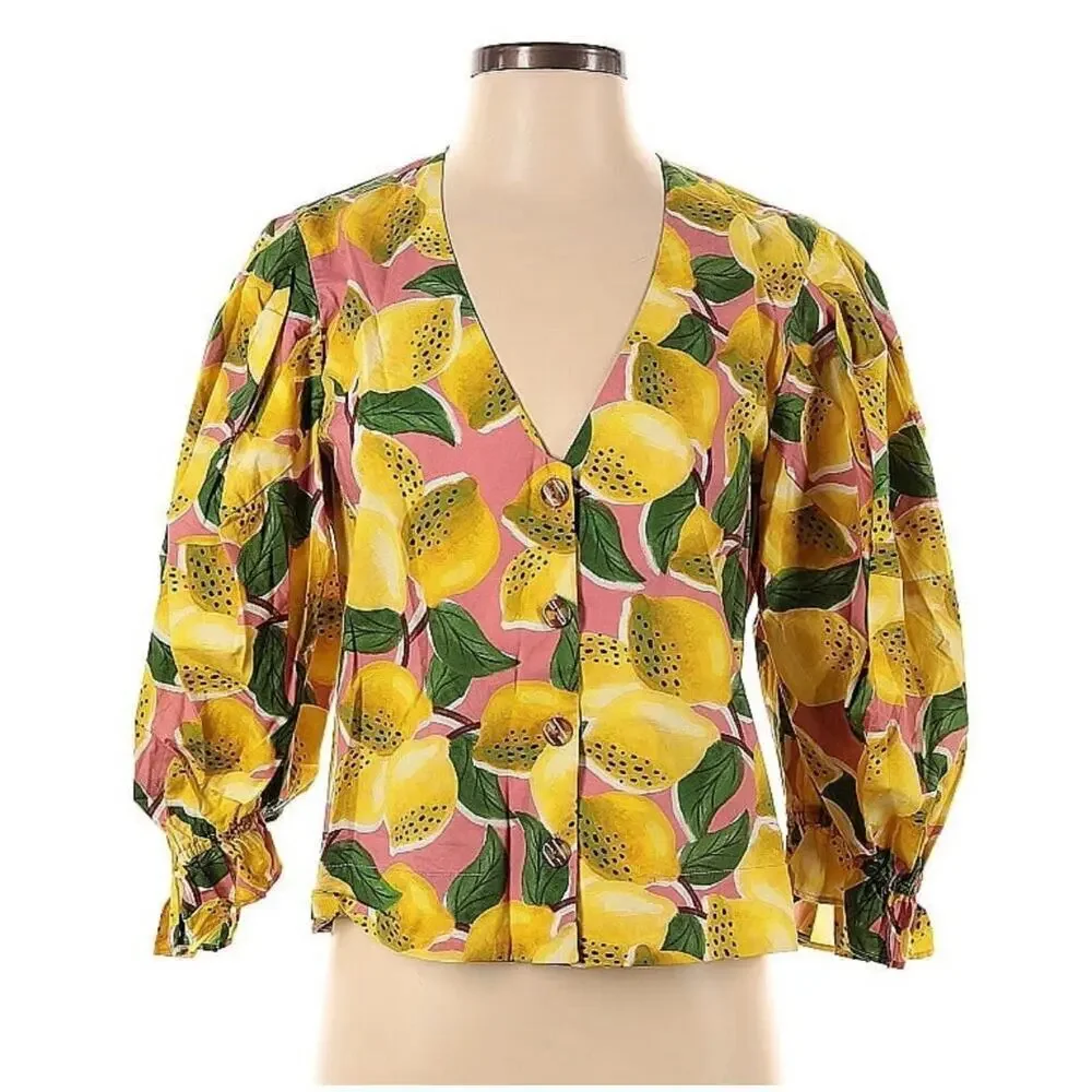 Farm Rio Top Lemons Puff Sleeve Short Shirt XS 0 2 Button Cotton Boxy Blouse Top